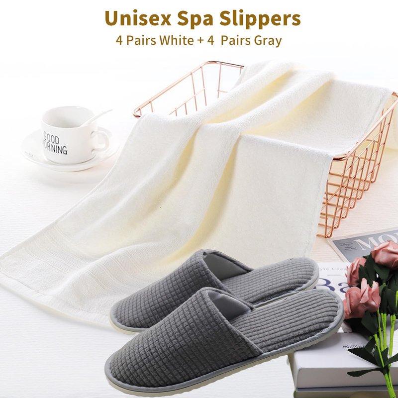 HJORZMM Disposable Slippers for Guests, 8 Pairs Coral Fleece Non Slip Hotel Slippers, Unisex, Washable Reusable for Hotel, Guest, Travel, Bride, Women
