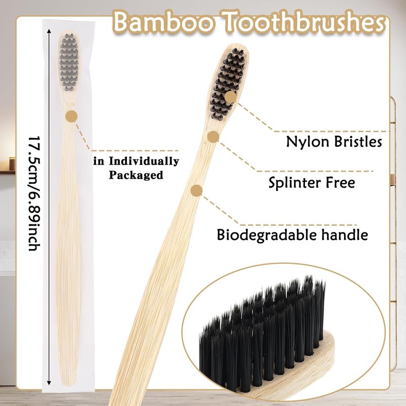 Bamboo Toothbrushes - 200 Pcs Soft Bristles Manual Teeth Brushes | Eco-Friendly Travel Set (Black, Pink, Green, Blue)