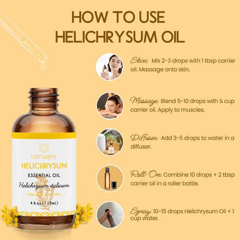 LOTUSJOY Helichrysum Essential Oil, 100% Pure Helichrysum Italicum Oil for Bruising Skin Roll On Diffuser Room Spray - 4 Oz