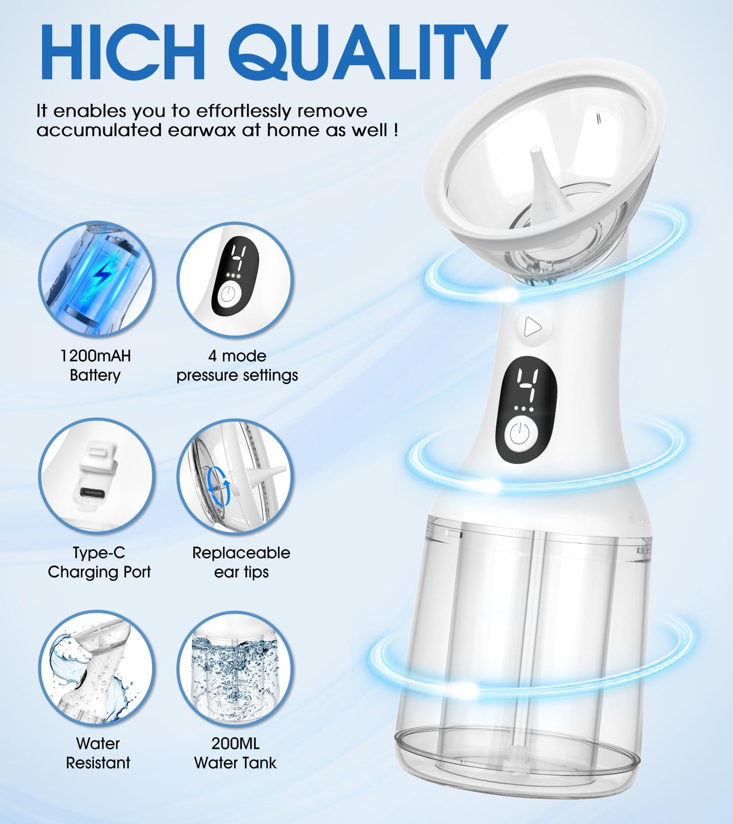 Upgraded Automatic Ear Wax Removal Kit with Waste Tank,USB Electric Ear Cleaner Earwax Removal Reusable Safe Irrigation Ear Washer Flushing System Tool with 4 Cleaning Modes IPX7 Waterproof-White