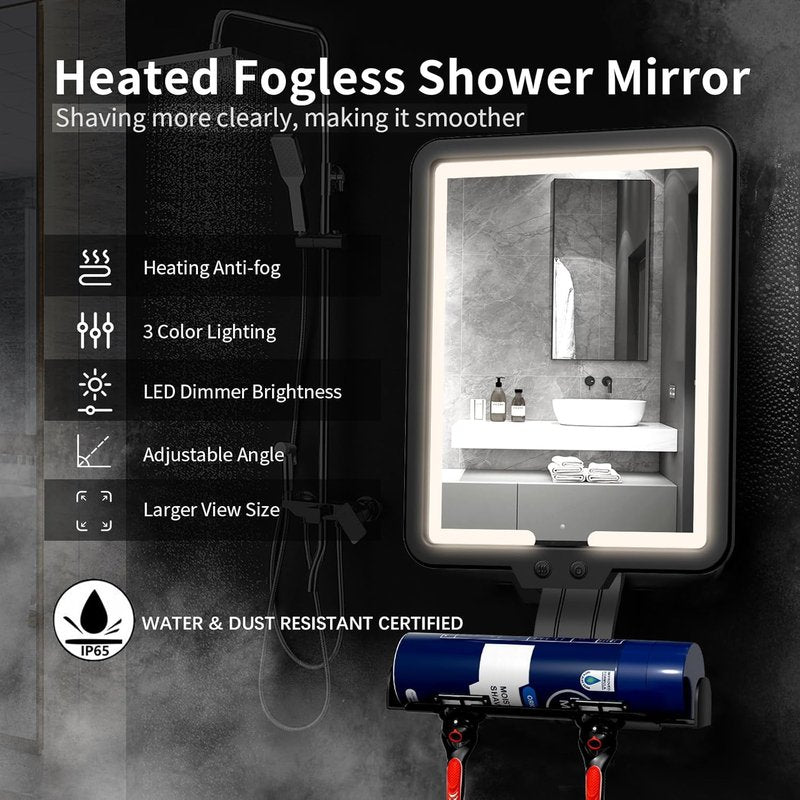 Fogless Shower Mirror for Shaving - LED Light, Dimmable Brightness | Strong Adhesive Backing, 3-Color Options