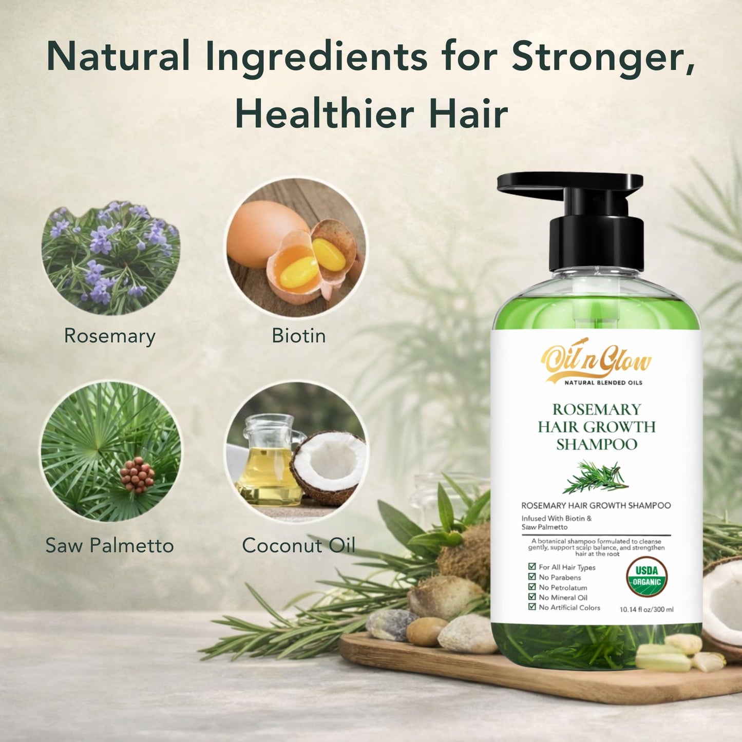 OilnGlow USDA Organic Rosemary Shampoo For Hair Growth For Thickening & Strengthening for Men & Women with Biotin, Scalp DHT Blocker Saw Palmetto For Thinning Hair Loss 10 Fl. Oz- Fragrance Free