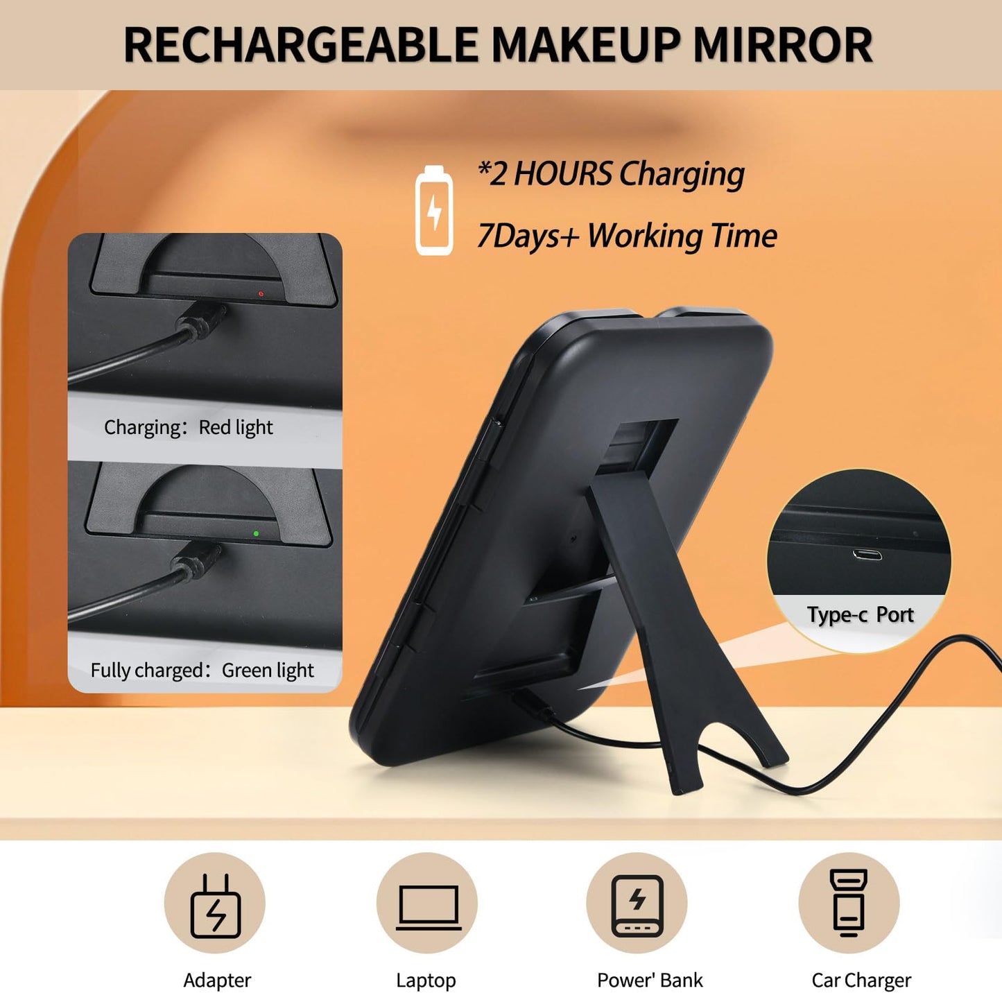 saiggnyy 5-in-1 Led Vanity Makeup Mirror,1X Full Face & 5x/10x/20x/30x Times Magnification for Close-up Makeup, Compact Travel Magnifying Mirror with Light, Trifold Mirrors with Stand (Cool Black)