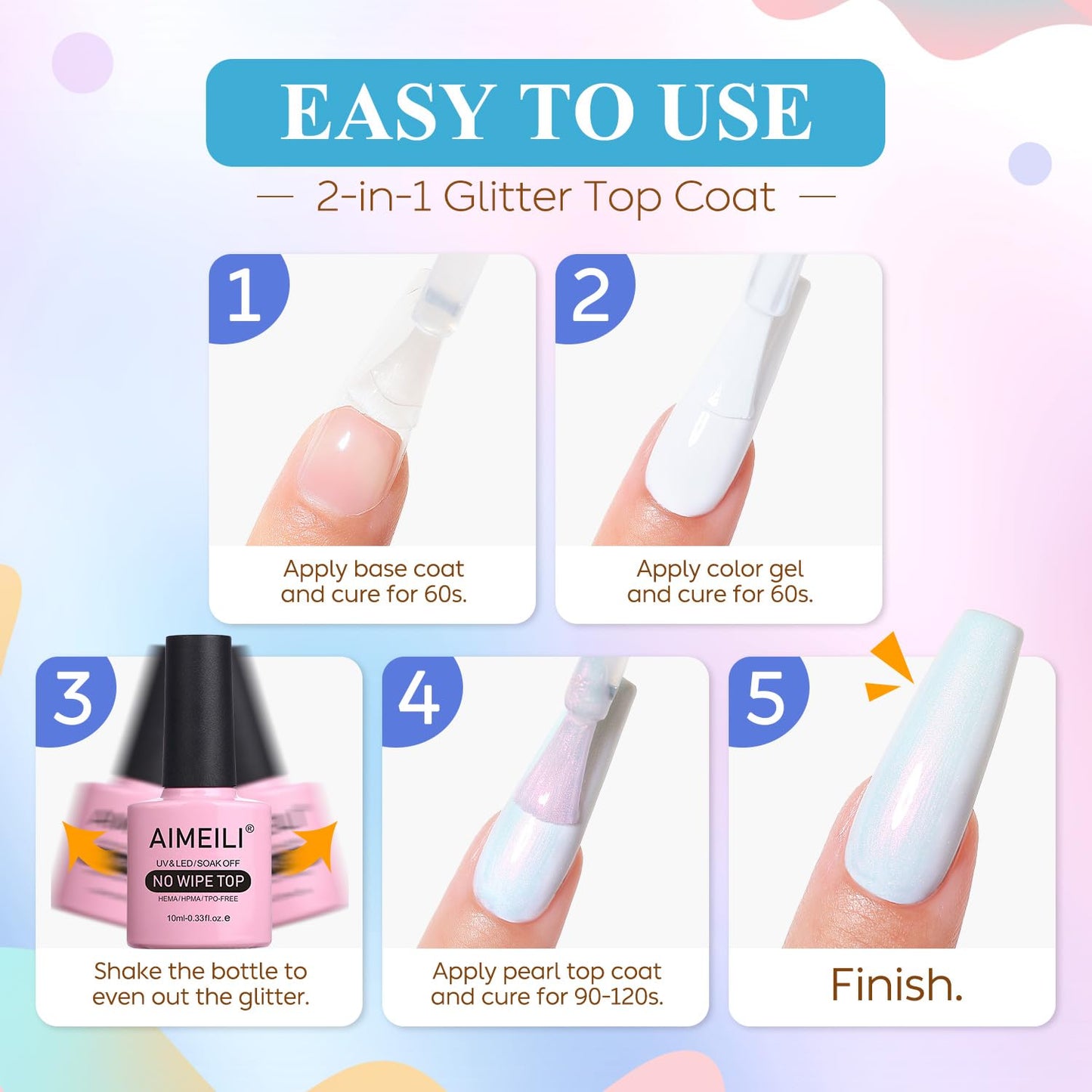 AIMEILI Gel Polish Glitter Top Coat 6 Color, Hema Free, Cruelty Free, Vegan, 2 In 1 High Glossy Shiny Pearl No Wipe Top Gel for Nail Art