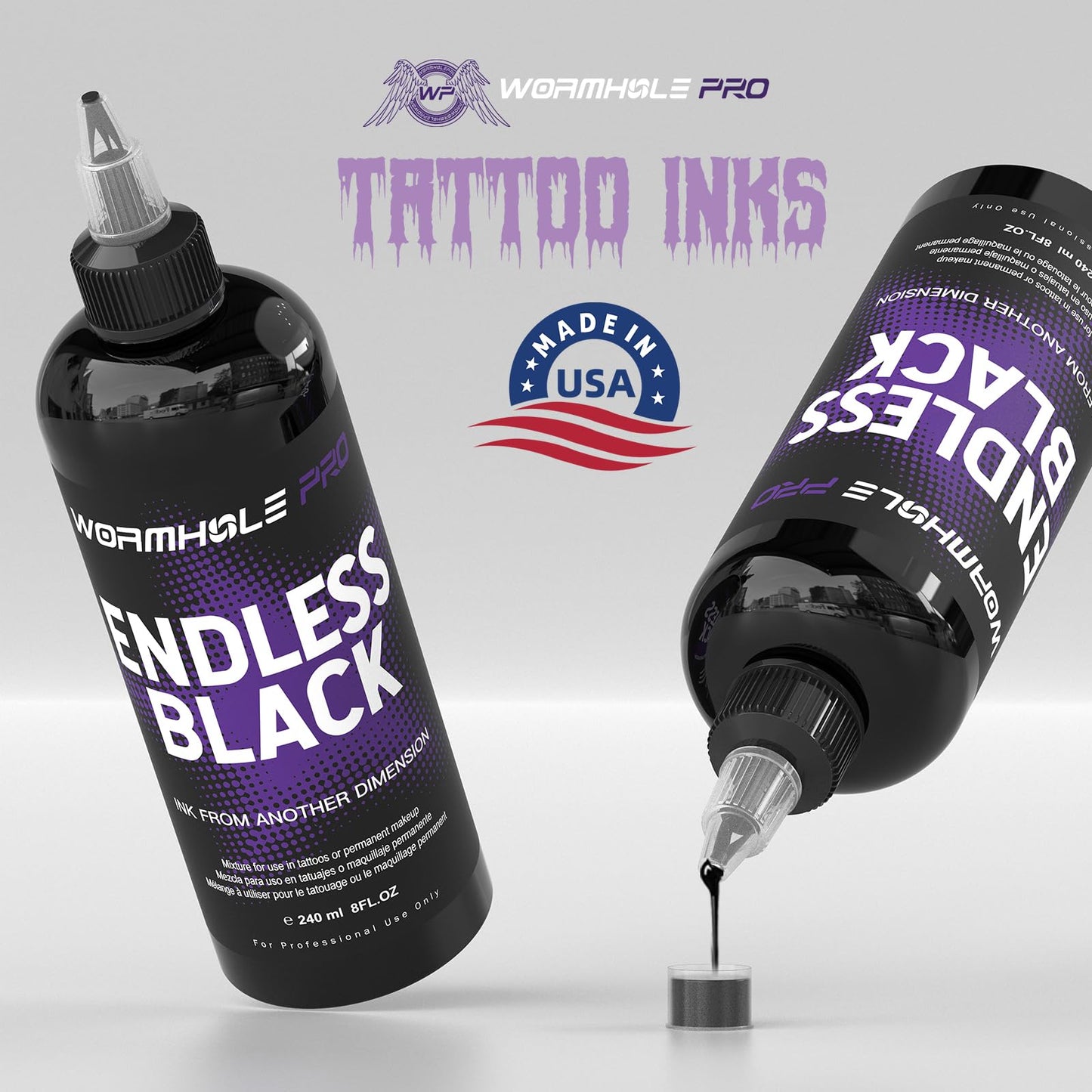 WORMHOLEPRO Endless Black 240ml (8oz) Professional Tattoo Ink, Ultra-Deep Black Ink for Shading, Linework & Blackout Tattoos – High-Density, Vegan – Bulk Tattoo Ink