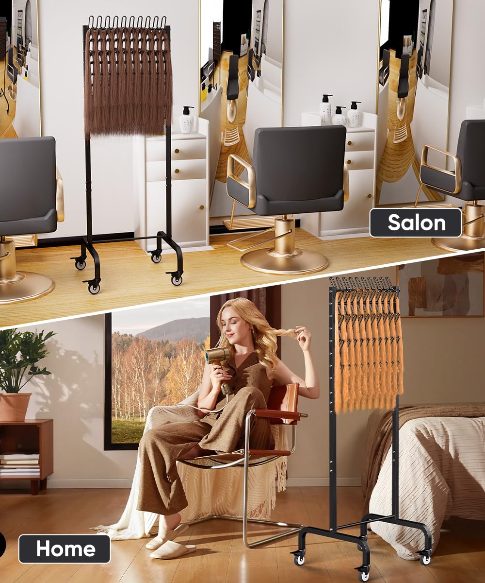 Tigerden 90 Pegs Braiding Hair Rack, Adjustable Metal Hair Separator Stand with Wheels, Hair Extension Holder for Hair Stylists, Braiders, Home, Salon, Beauty School, Black