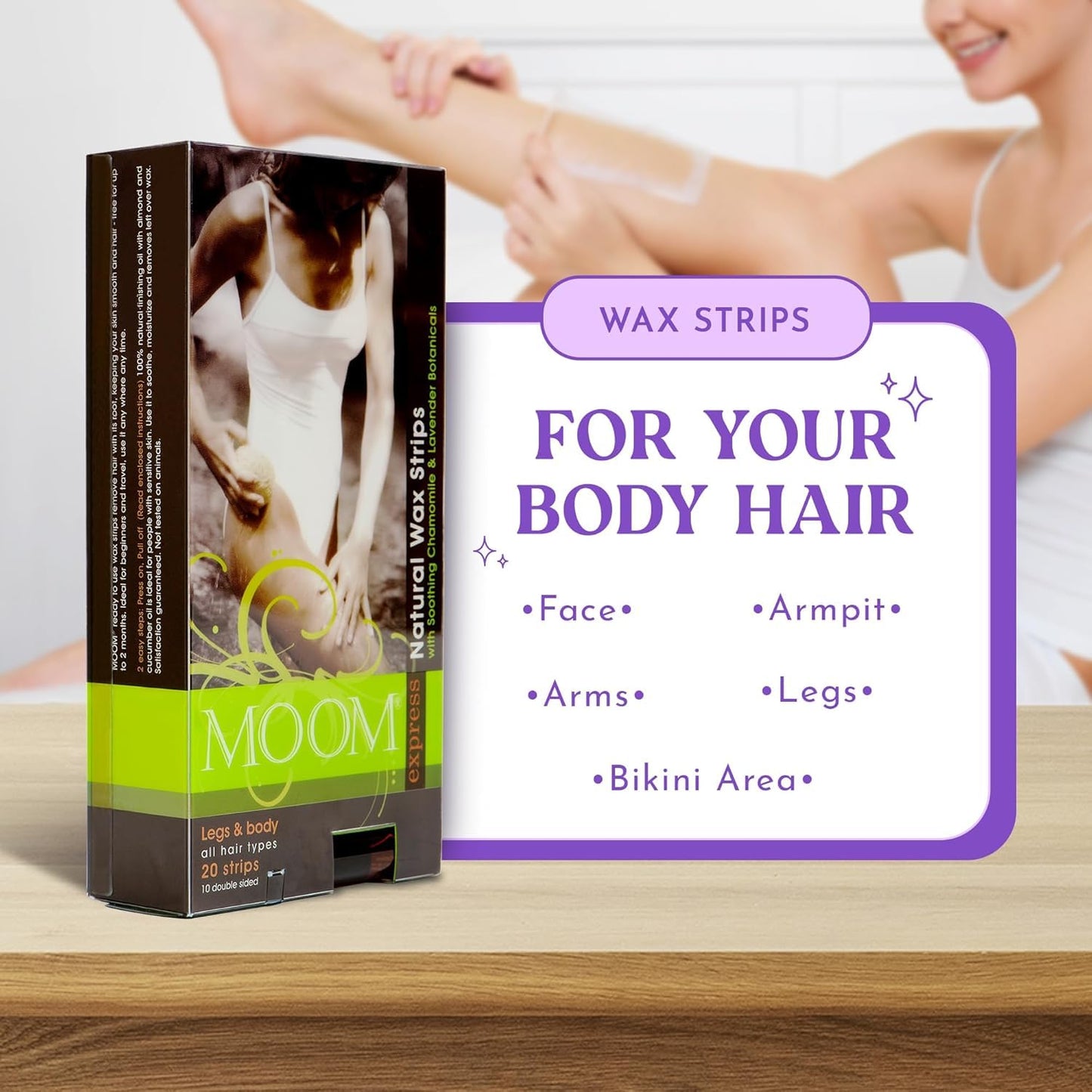MOOM Express Ready to Use Wax Strips for Hair Removal - Body & Leg Wax Strips - Waxing Strips for women with Chamomile & Lavender and 0.27 Finishing Oil, 10 Dual Sided Strips, 2 Pack (40 Count)