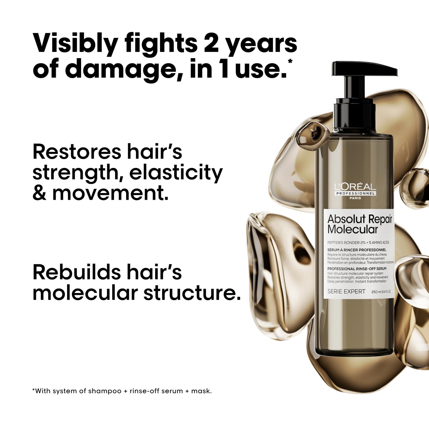 L'Oréal Professionnel Paris Absolut Repair Molecular Hair Care Set - Sulfate-Free Shampoo, Rinse-Off Serum & Leave-In Mask For Extremely Dry Damaged Hair, With Peptide Bonder & Amino Acids