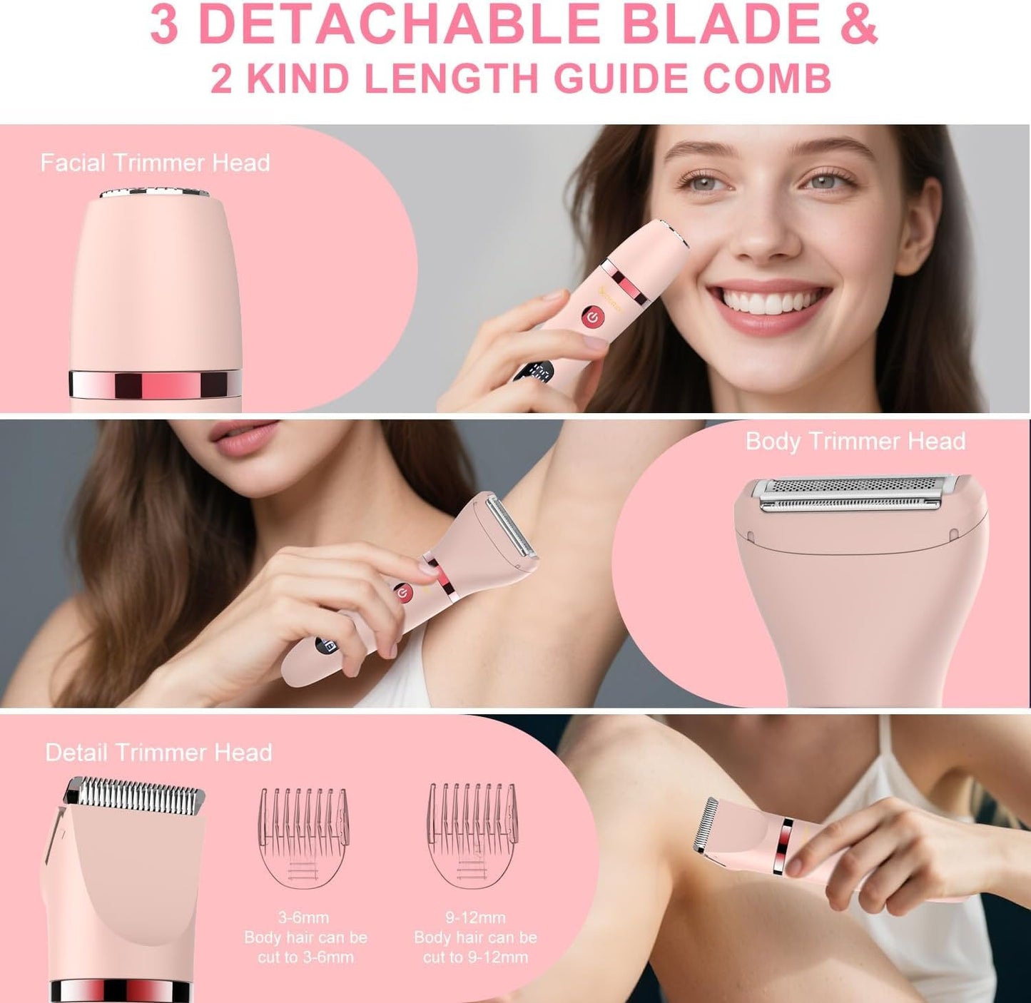 Scttomon 3-in-1 Electric Razor IPX7 Waterproof Bikini Trimmer Wet & Dry Use Painless Personal Trimmer Groomer for Ladies Face Body Legs Bikini Public Hairs Electric Lady Shaver with Replaceable Heads