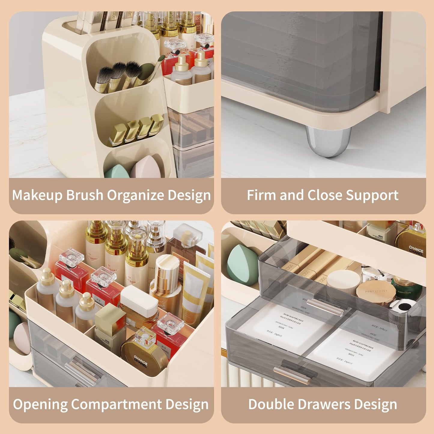 Dimcapo Makeup Organizer for Vanity,Vanity Organizer with Drawers and Brush Holder,Bathroom Make Up Organizer Countertop,Large Cosmetic Organizer for Skincare, Perfume,Lipsticks,Nail Polish (Cream)