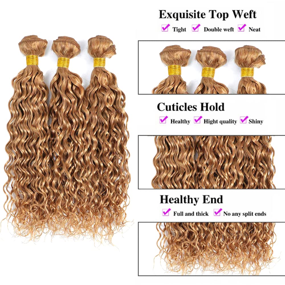 Blonde Bundles Honey Blonde Human Hair Bundles 27 Water Wave Human Hair Bundle 8 10 12 Inch Pure Color 27 Wet and Wavy Bundle