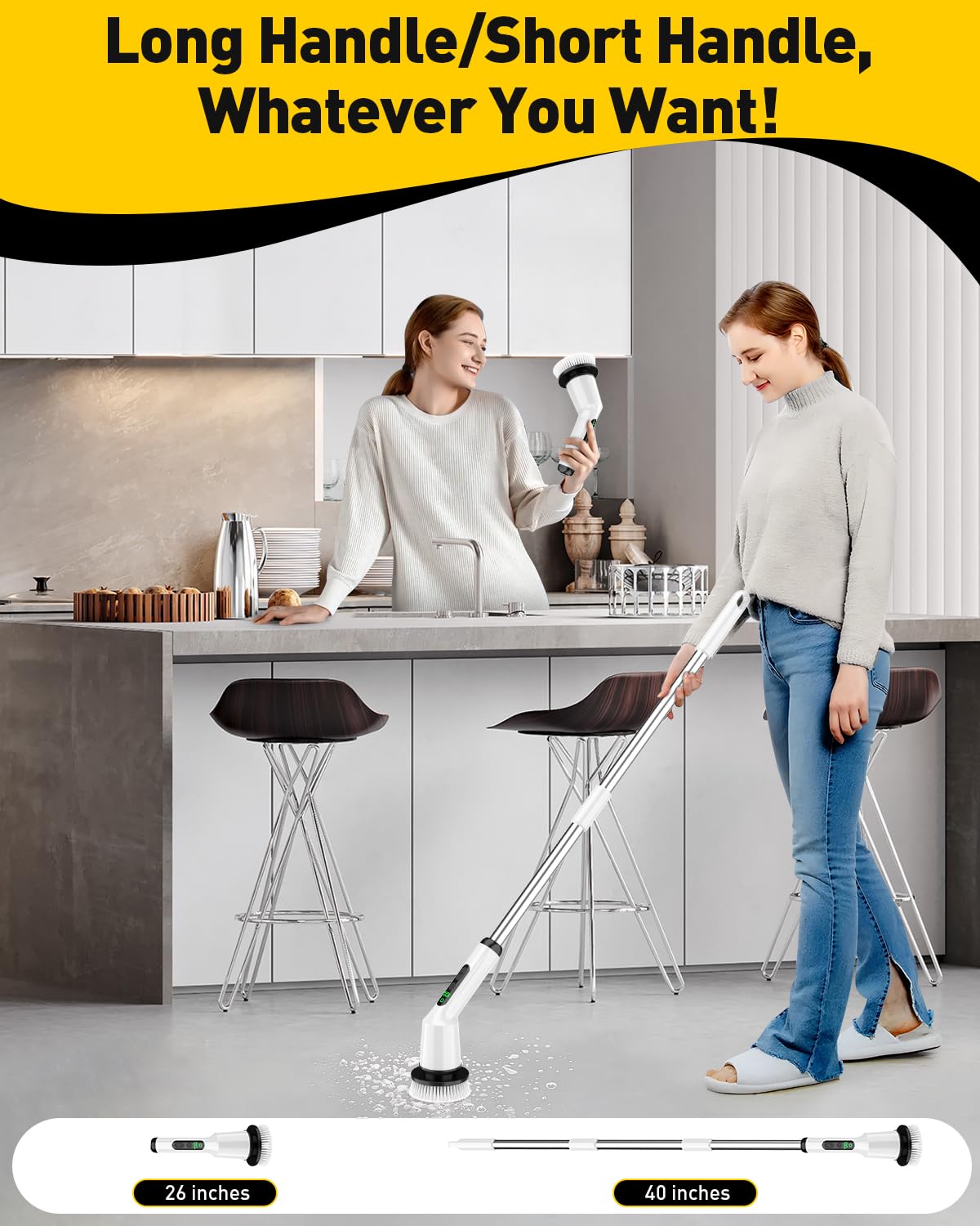 Shower Scrubber with Long Handle, Electric Spin Scrubber for Cleaning Bathroom, Cordless Cleaning Brush with IPX7 Waterproof & 2 Speed, Cleaning Supplies for Shower Tub Kitchen Tile Toilet