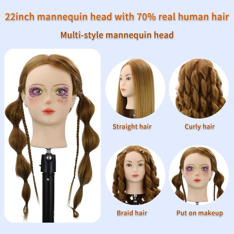 Human Hair Mannequin Head - 22 Inch Training Head for Hairdressers | Realistic Blond Cosmetology Practice Doll