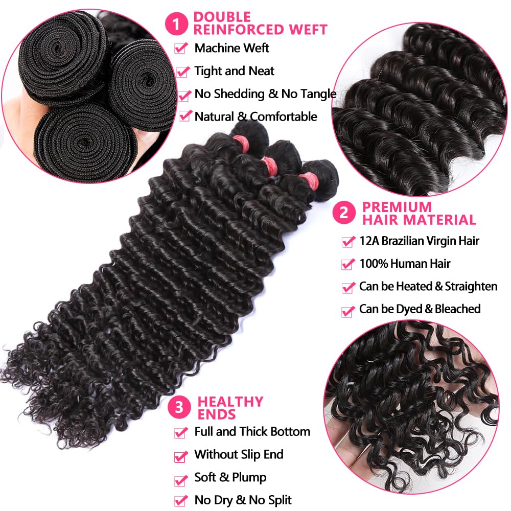 LXYANOO 12A Deep Wave Single Bundles Human Hair 22 Inch Brazilian Curly 1 Bundles Human Hair 100% Unprocessed Virgin Wet and Wavy Hair Weave 1B Black
