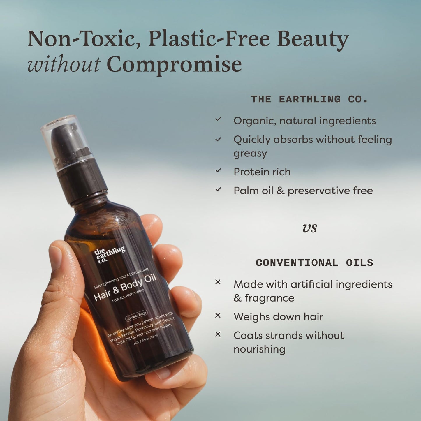 The Earthling Co. Hair & Body Oil - Promote Hair Growth, Strengthen & Moisturize All Hair Types - Helps Frizz & Damage with Natural Rosemary & Vegan Keratin For Dry Hair & Scalp (2.5 oz, Juniper Sage)