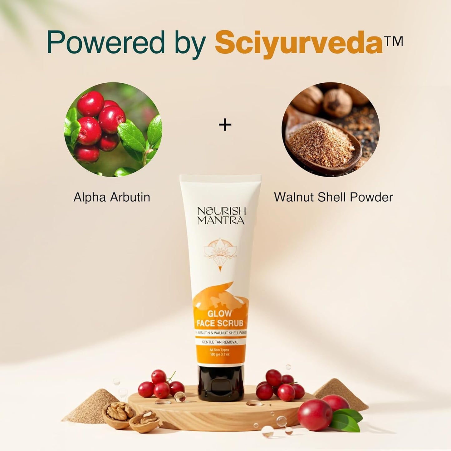 Glow Face Scrub - Tan Removal & Gentle Exfoliation | Walnut Shell Powder, Alpha Arbutin, Hyaluronic Acid | 100 ml, All Skin Types