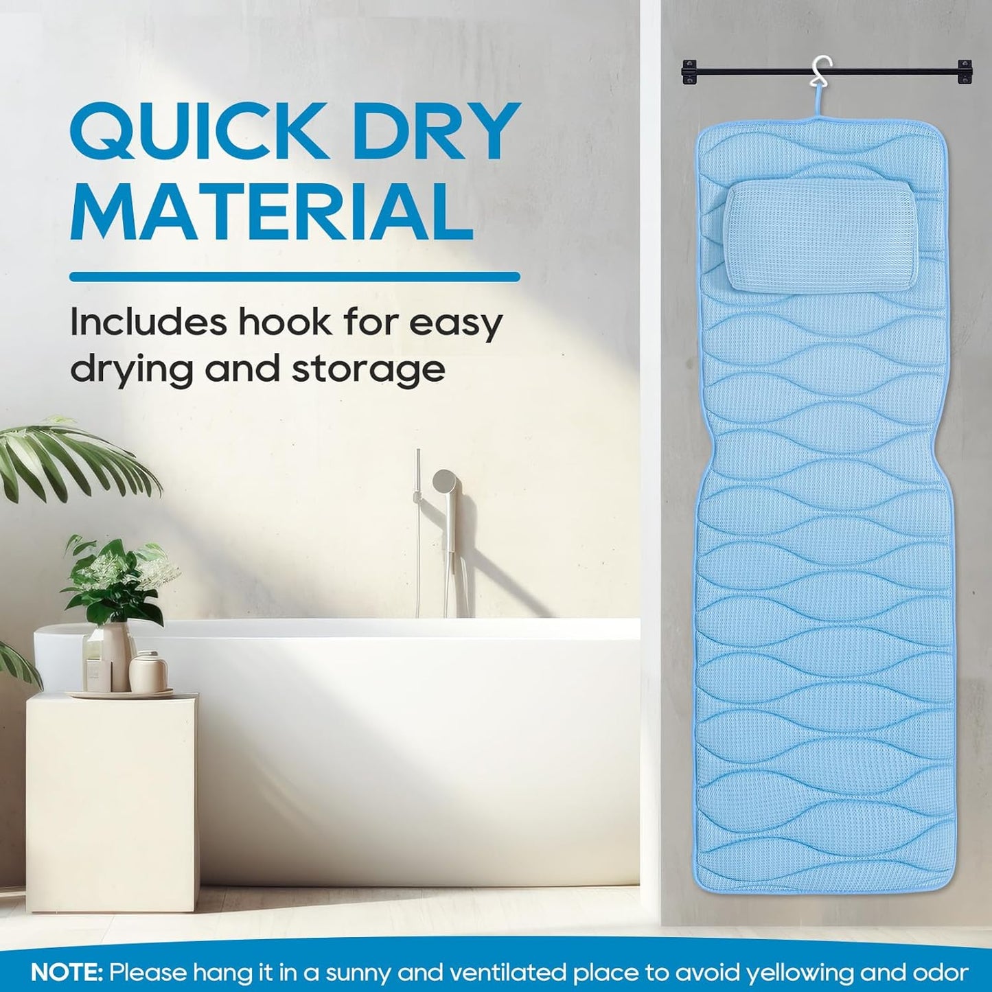 Full Body Bath Pillow - 5D Air Mesh Spa Pillow with 21 Non-Slip Suction Cups | Quick Drying, Blue