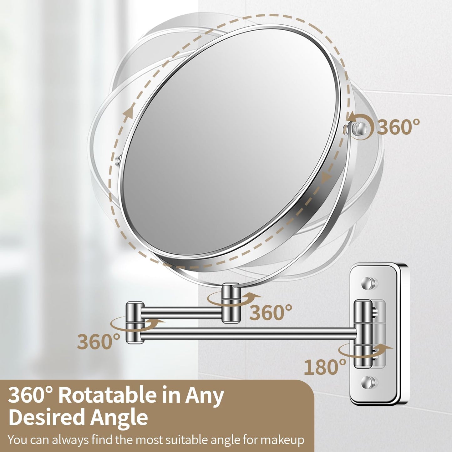BTremary 9” Large Wall Mounted Makeup Mirror 1X/7X Double-Side Bathroom Magnifying Mirror 360 Swivel Vanity Mirror Extendable Shaving Wall Mount Cosmetic Mirror for Men and Women, Chrome