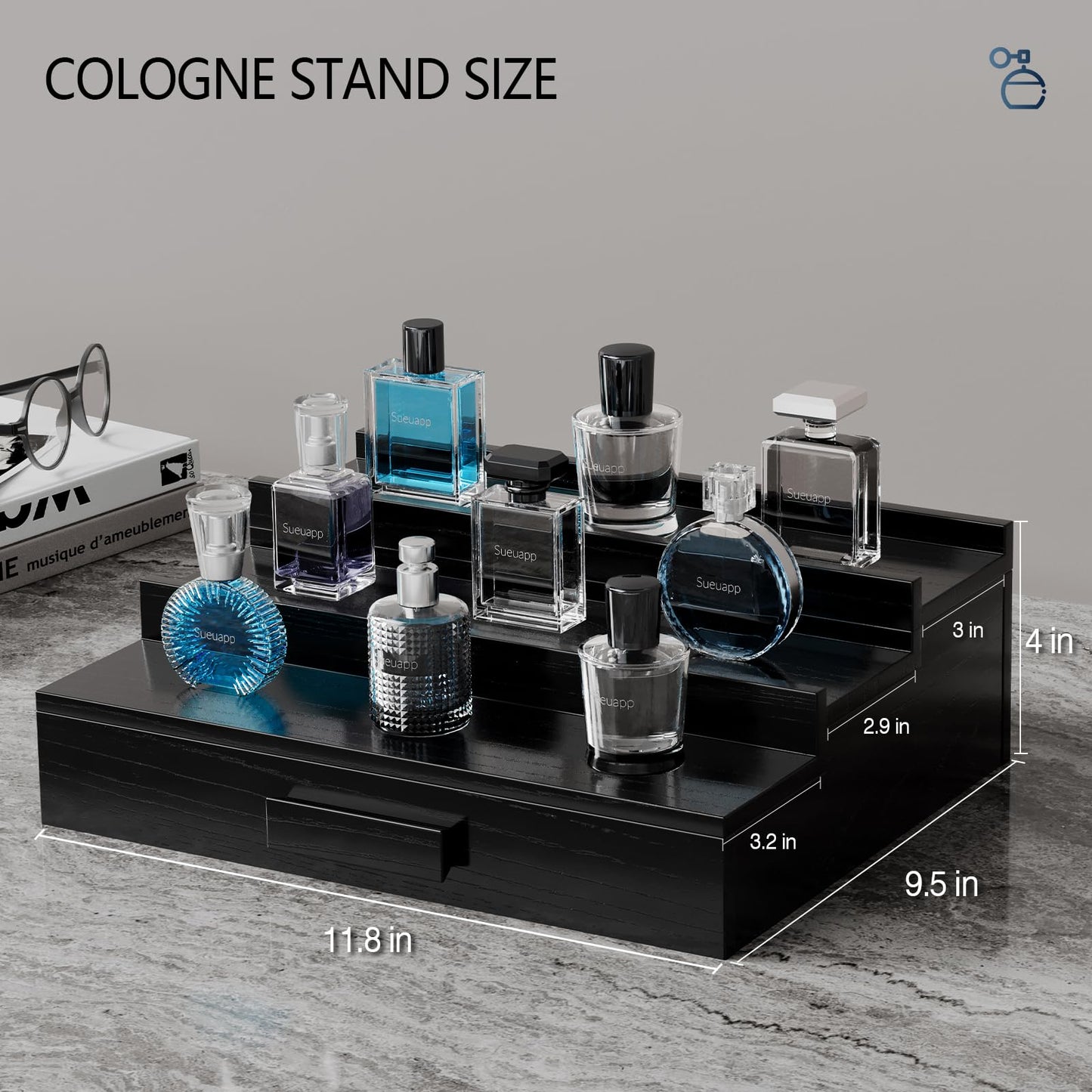 Sueuapp Walnut Wood Cologne Organizer for Men,3 Tier Cologne Stand,Cologne Shelf Display Holder,Perfume Stand Organizer with Hidden Compartment and Drawer,Great Gift for Men,Black