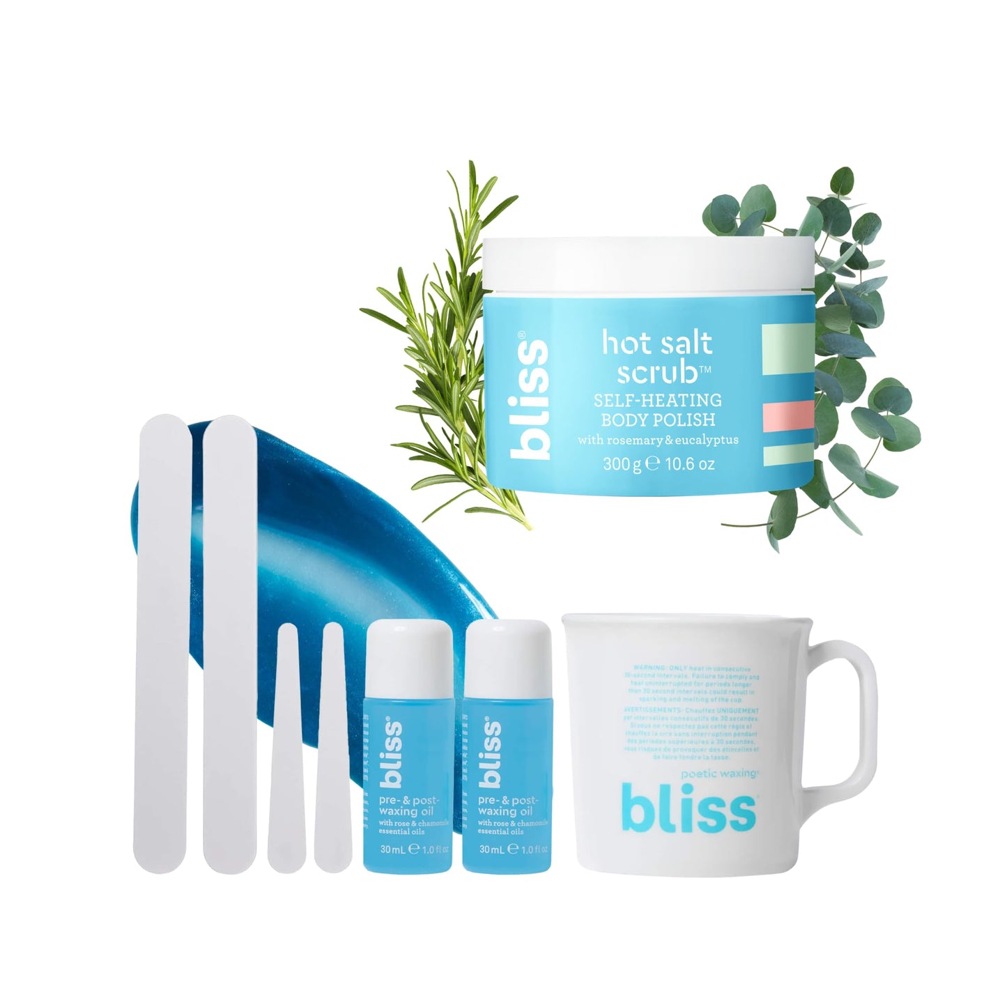 Bliss Poetic Waxing At Home Wax Kit - 5.3 Fl Oz - Microwavable Stripless Wax Hair Removal Kit - Fragrance Free - Safe for All Skin Types & Hot Salt Scrub, Self-Heating Body Polish | Warming Scrub