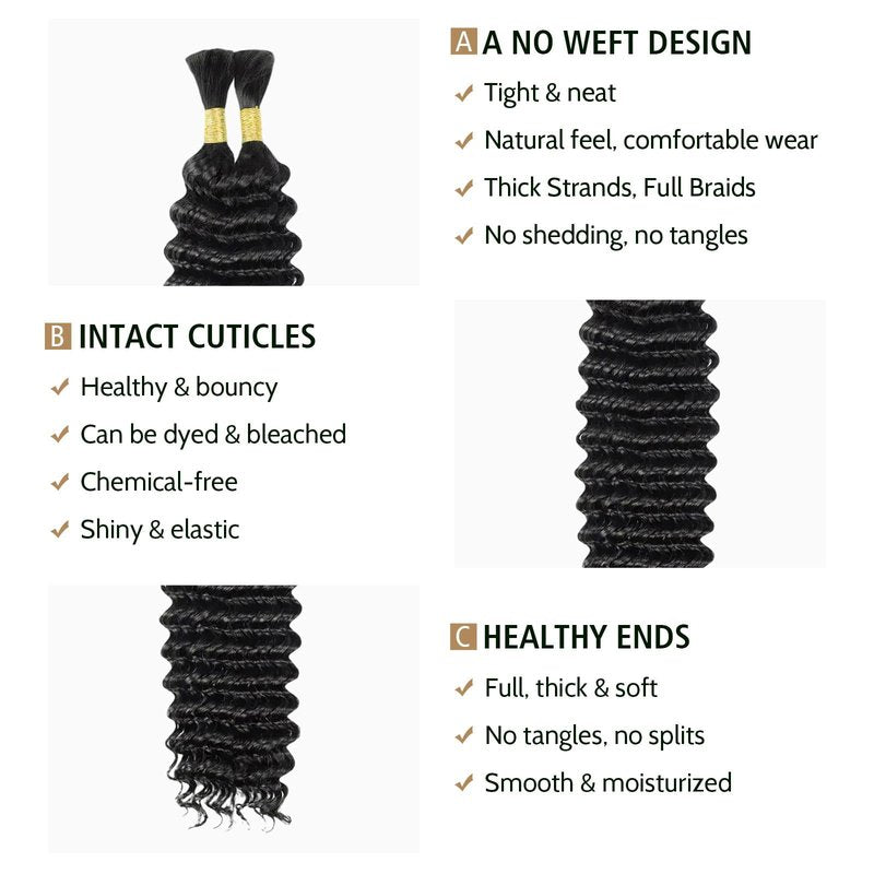 Wequeen 16A Human Braiding Hair Deep Wave 100g 20 Inch 2 Bundles/Pack 100% Unprocessed Brazilian Virgin Hair No Weft Bulk Human Hair for Braiding Curly Hair Extensions for Boho Braids,Natural Black
