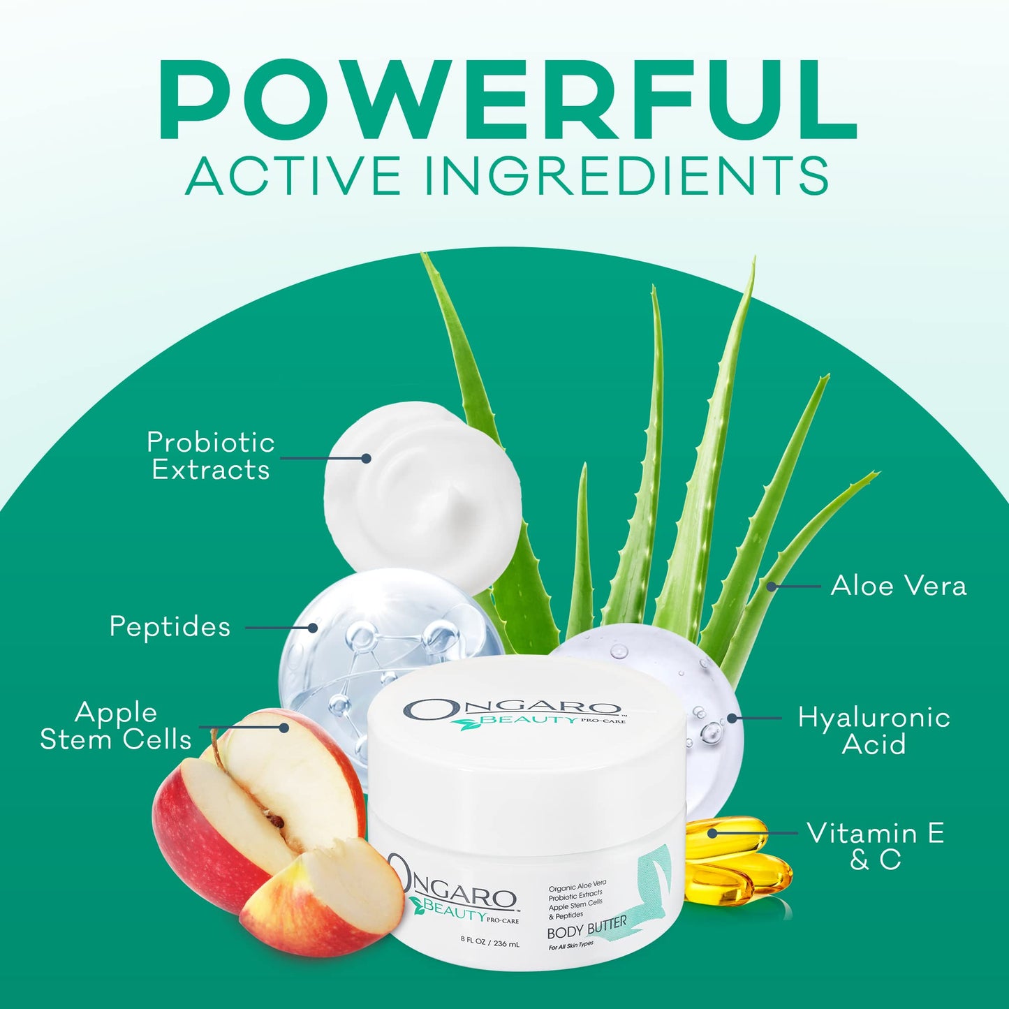 Ongaro Beauty - Whipped Body Butter Cream, Organic Shea Butter for Women with Aloe Vera, Plant Stem Cells, Peptides, Hyaluronic Acid, Probiotics, Vitamin C & E, Body Care for Women - 8 Fl Oz