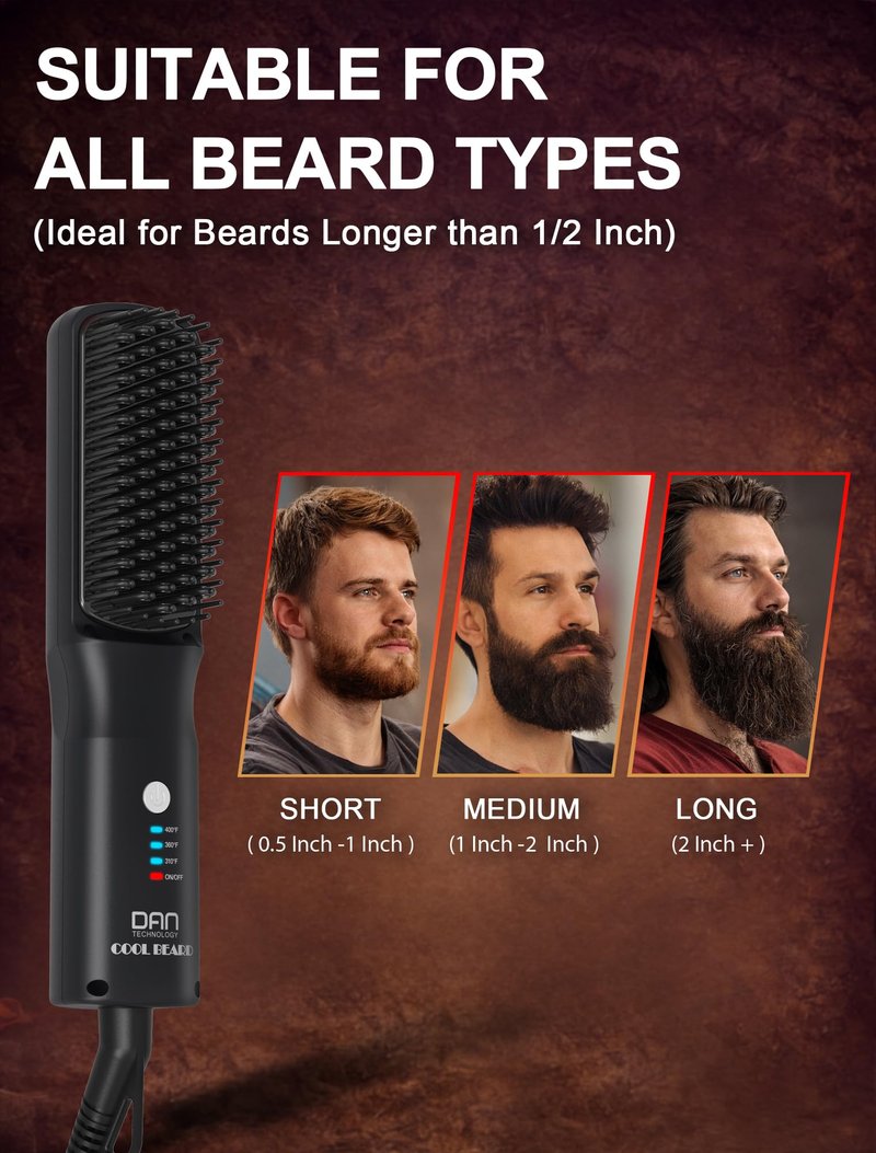 Beard Straightener for Men, Tourmaline Ceramic Heated Beard Brush with Anti-Scald Design, 3 Heat Settings for Medium to Long Beards, Beard Grooming Kit,Father's Gift
