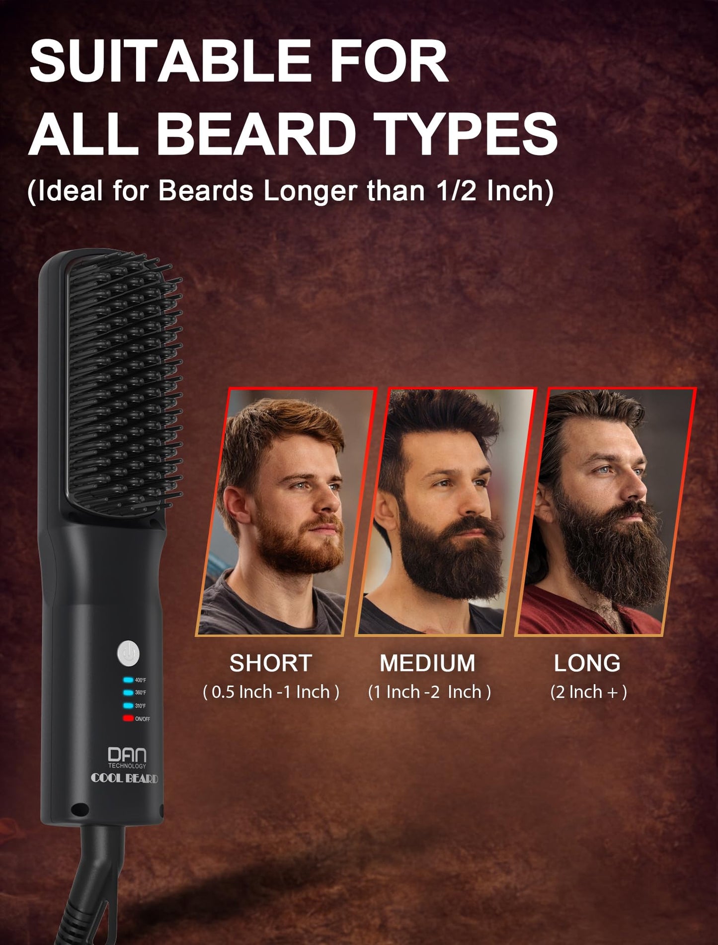 Beard Straightener for Men, Tourmaline Ceramic Heated Beard Brush with Anti-Scald Design, 3 Heat Settings for Medium to Long Beards, Beard Grooming Kit,Father's Gift