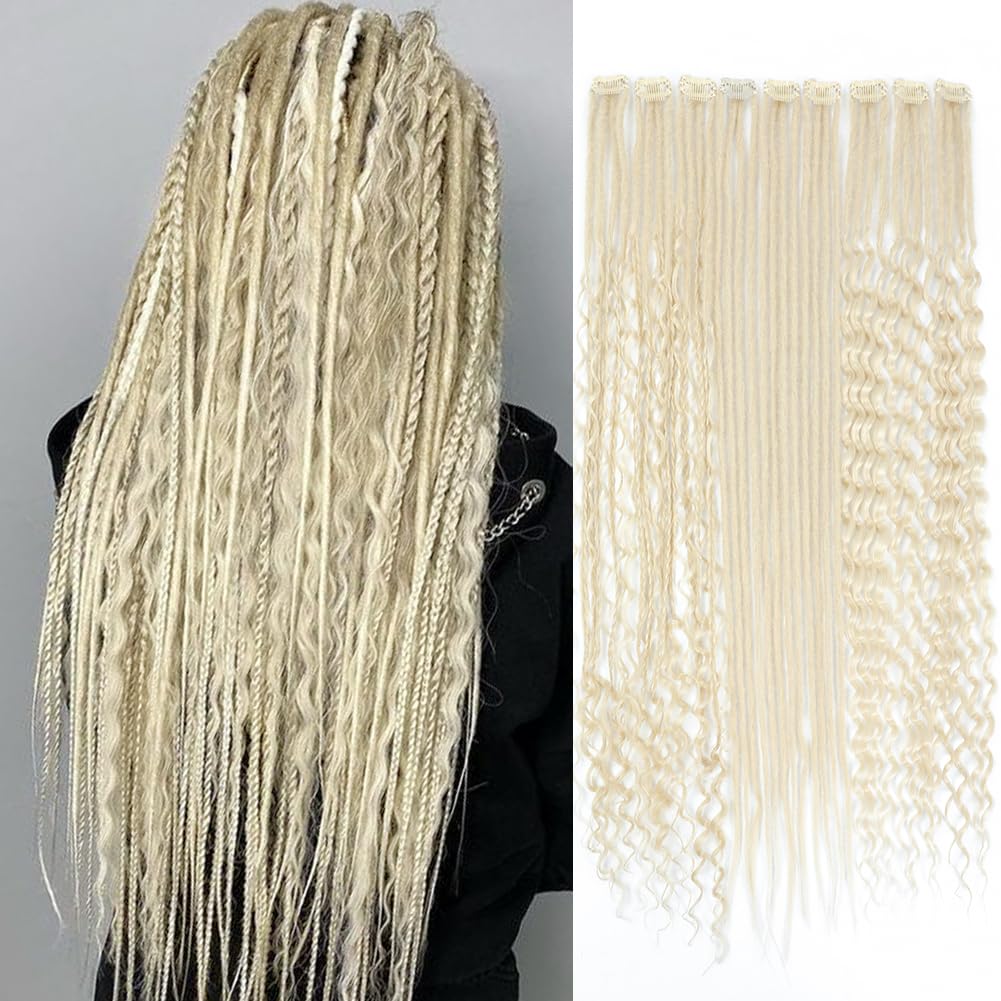 Aguacor 24inches 9PCS Clip in Dreadlock Extension Sets,36 Strands 3 Styles in 1 Mixed Straight Wavy Boho Thin Soft Clip in Dreads Extension Sets for Women (1B#,9 Clips)
