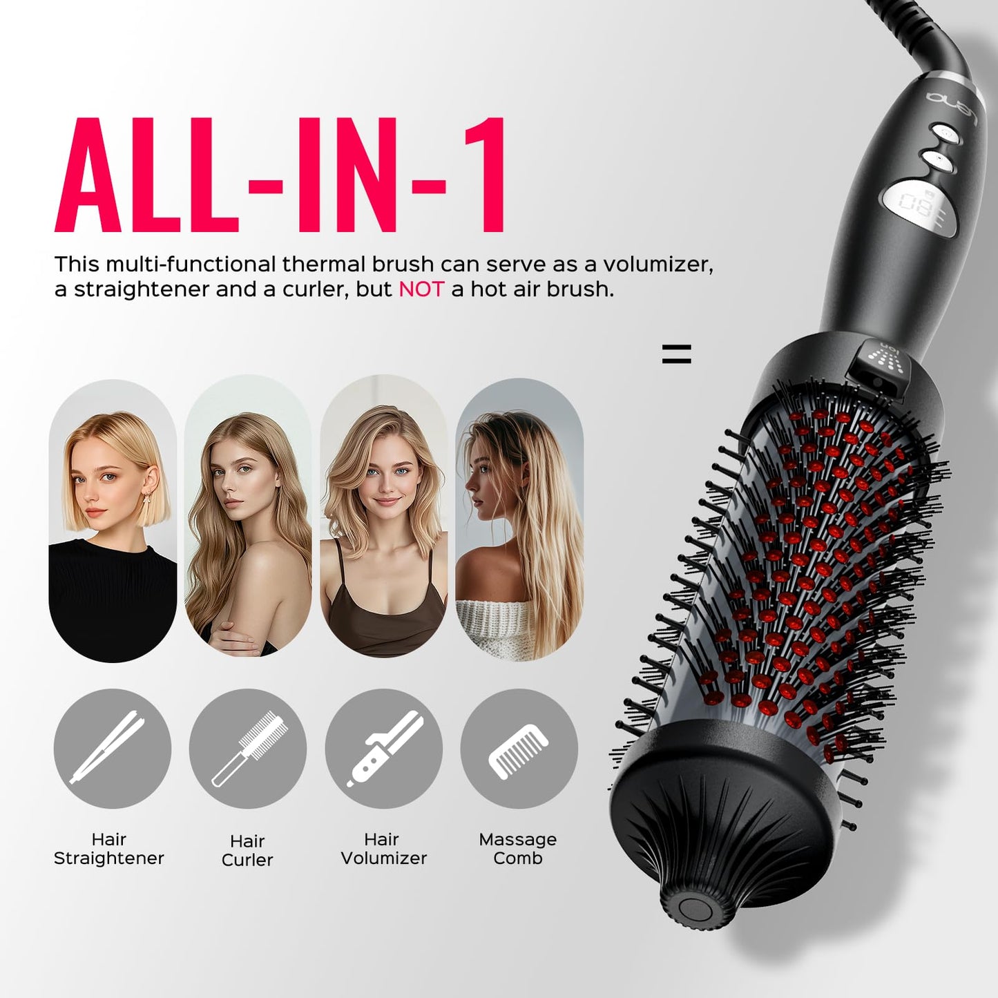 Thermal Brush,Lena 1.5 Inch All-in-1 Heated Round Brush with Titanium Barrel-Infrared&Negative Ion Technology,Smooth,Frizz-Free Styling Tool,5 Heat Settings,LED Display,Black