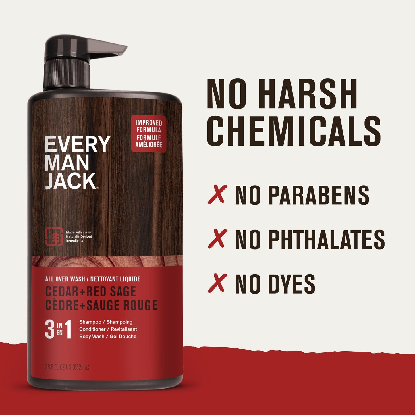 Every Man Jack Cedar + Red Sage Mens 3-in-1 All Over Wash for All Skin and Hair Types - Body Wash, Shampoo and Conditioner with Naturally Derived Ingredients - Paraben & Dye Free - 28.8oz - 2 Pack