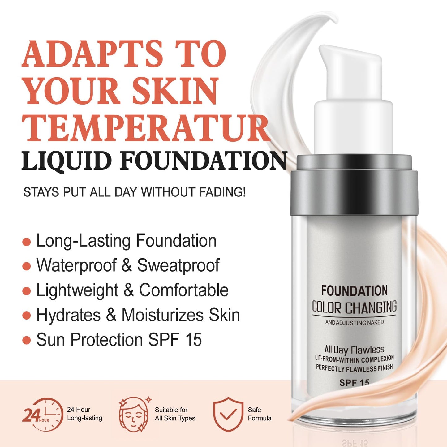 2PCS Flawless Colour Changing Warm Skin Tone Foundation, Naturally Blends Moisturizing foundation makeup, Long Lasting Waterproof Lightweight Liquid Foundation SPF 15 for Face Makeup