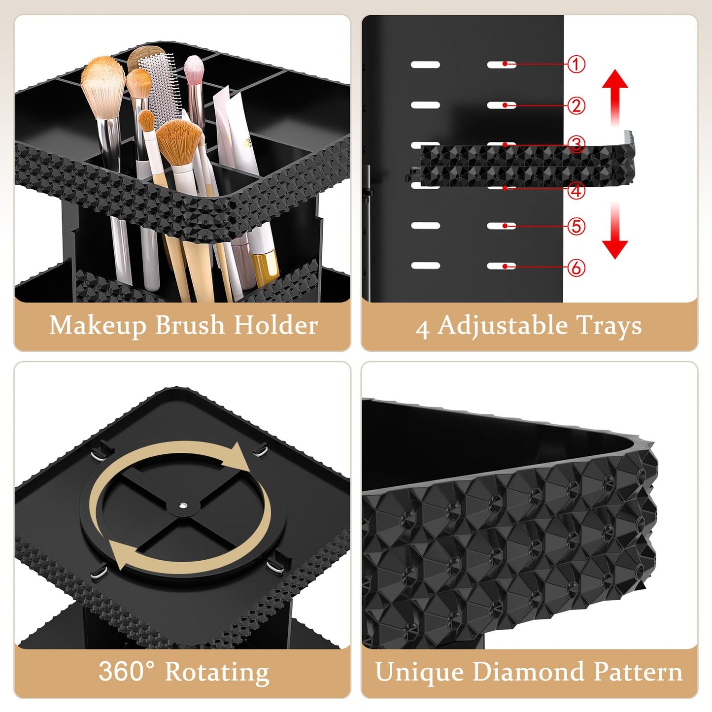 HEMTROY Rotating Makeup Organizer with Makeup Brush Holder,Large Capacity Perfume Organizer for Vanity Countertop,Acrylic Skincare Organizers Spinning Holder Storage Rack (Black)