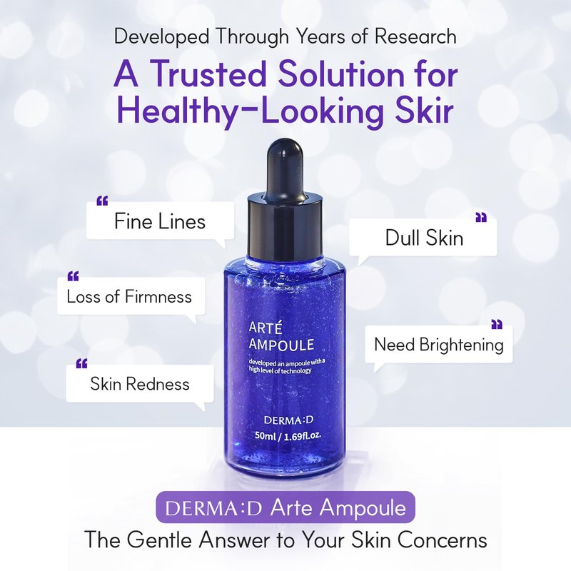 DERMA:D Calming Face Serum for Sensitive Skin, Korean Azulene Ampoule with Vitamin C, Soothing Hydration for Redness & Dry Skin, Lightweight Moisture Care 1.69 fl oz