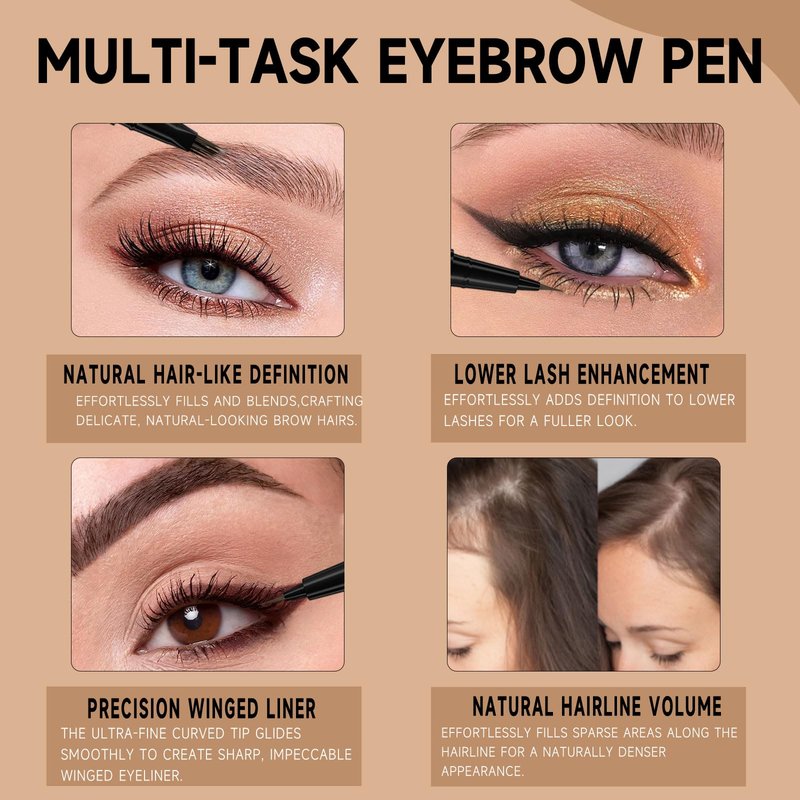 DUDUDU Eyebrow Pen for Women - Dual-Ended Microblading Pen with Multi-Prong Tip & Brow Brush, Waterproof, Creates Realistic 4D Hair-Like Strokes, Long-Lasting Dark Brown
