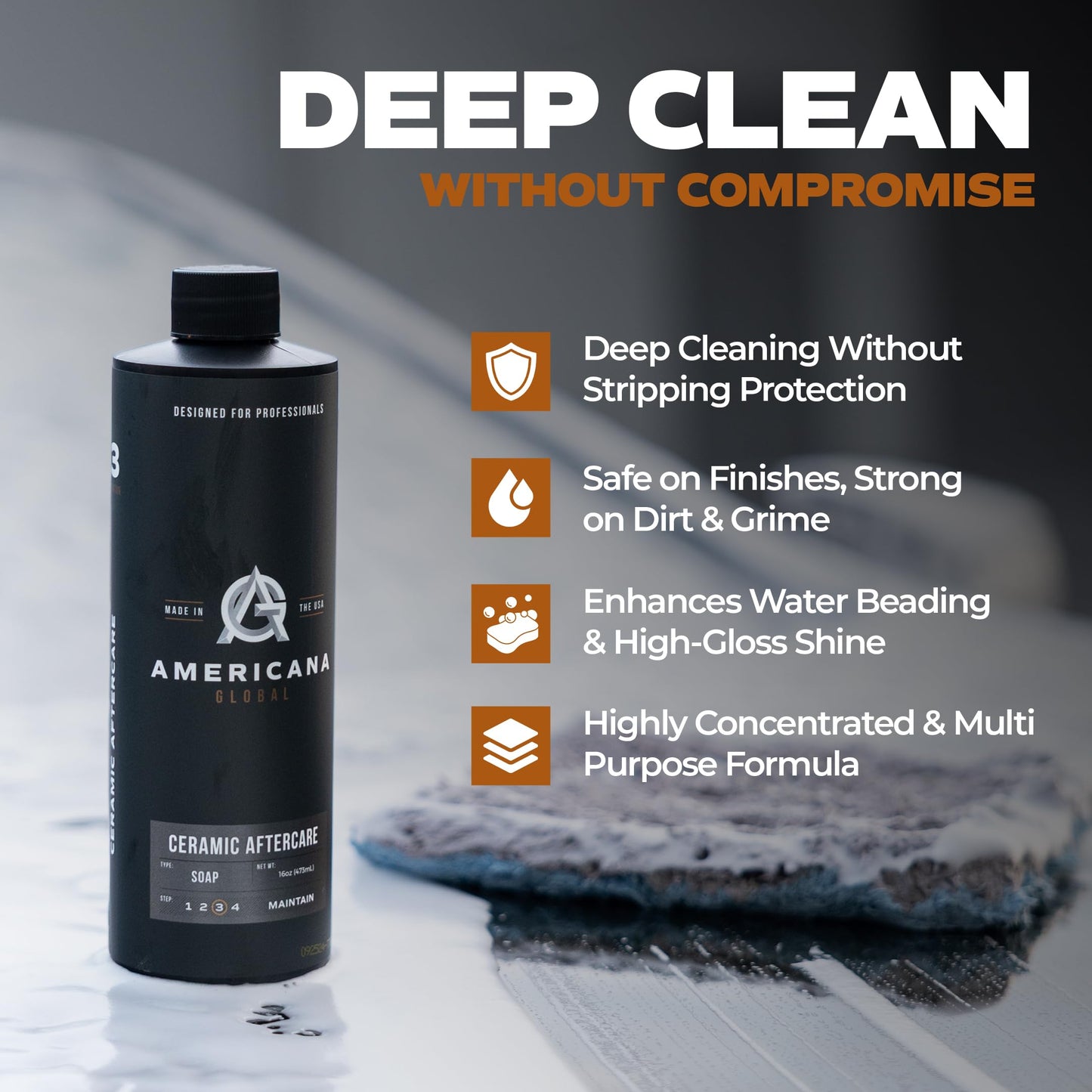 Americana Global Ceramic Aftercare Soap (16 fl. oz) – pH Neutral 2-in-1 Car Shampoo for Ceramic Coatings, Made in USA, High Foaming, Safe on All Surfaces, Boosts Hydrophobic Protection