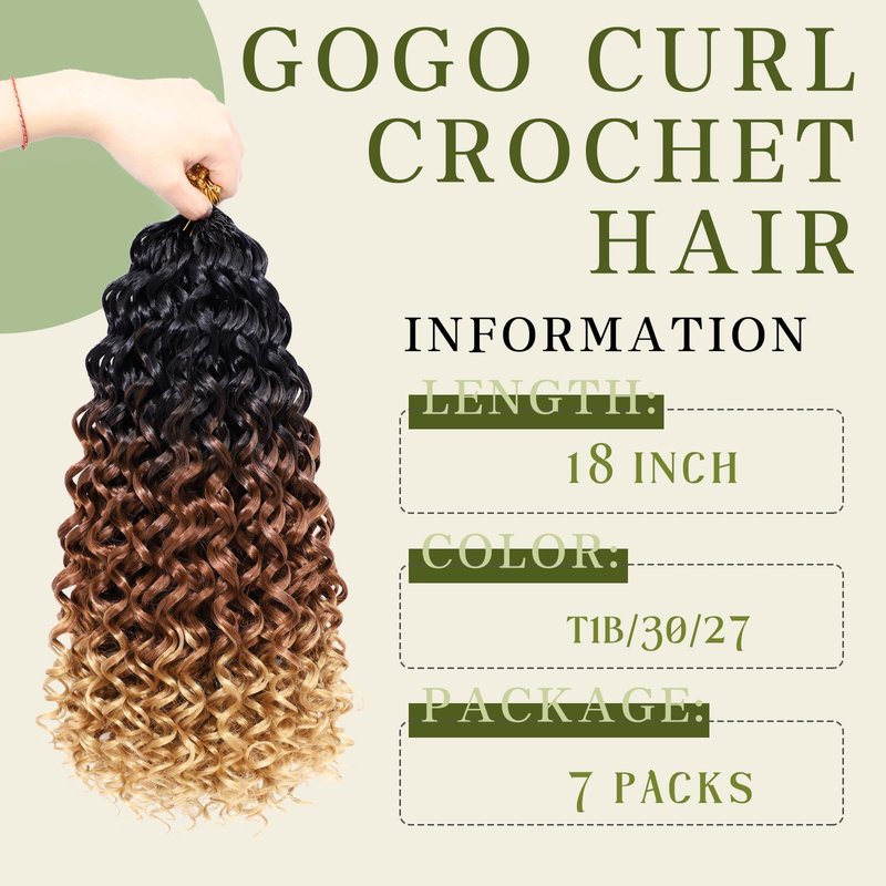 7 Packs Curly Crochet Hair for Black Women 18 Inch GOGO Curl Deep Ocean Wave Crochet Hair Synthetic Bohemian Crochet Braids(18 inch, T1B/30/27)