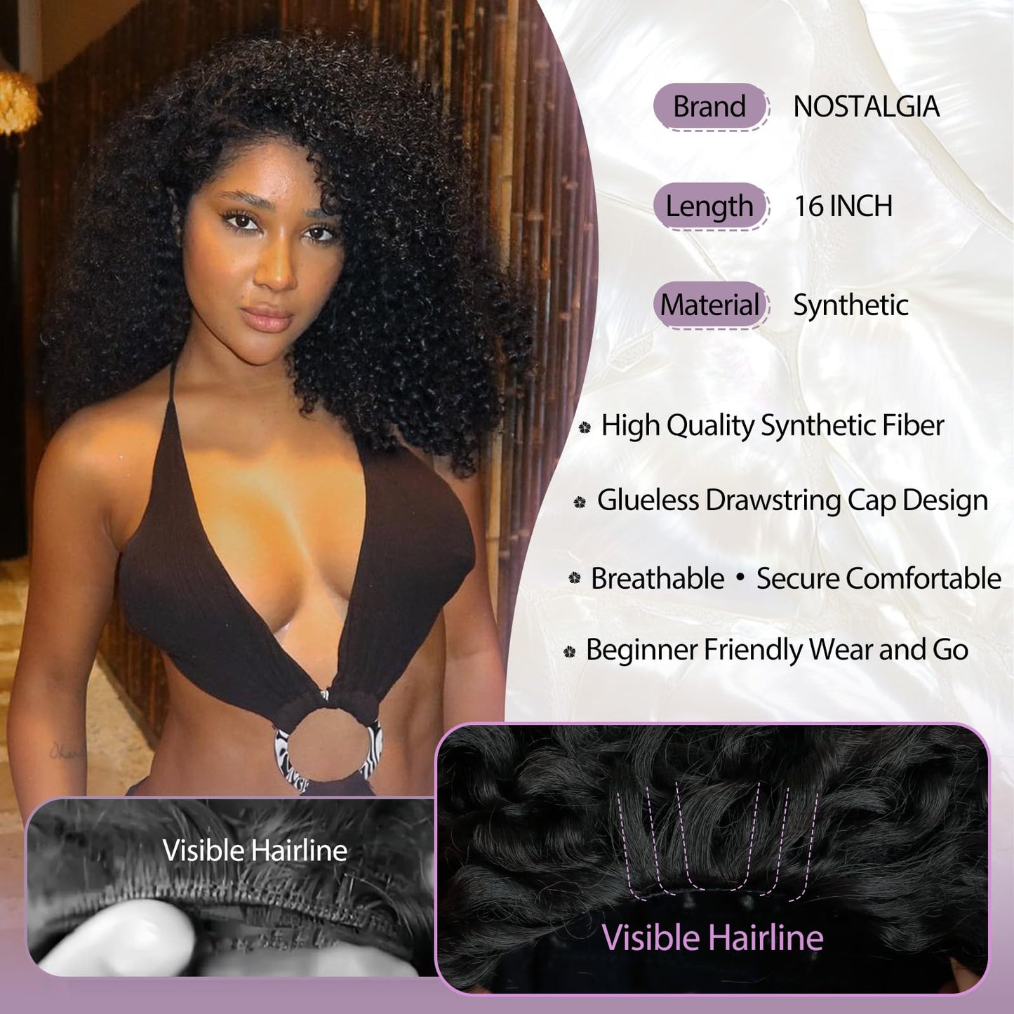 NOSTALGIA Kinky Curly Half Wig 16 Inch Curly 3 In 1 Half Wigs for Women Drawstring Seamless Flip Headband Wig Beginner Friendly Glueless Synthetic With Natural Density (Jet Black 1B)
