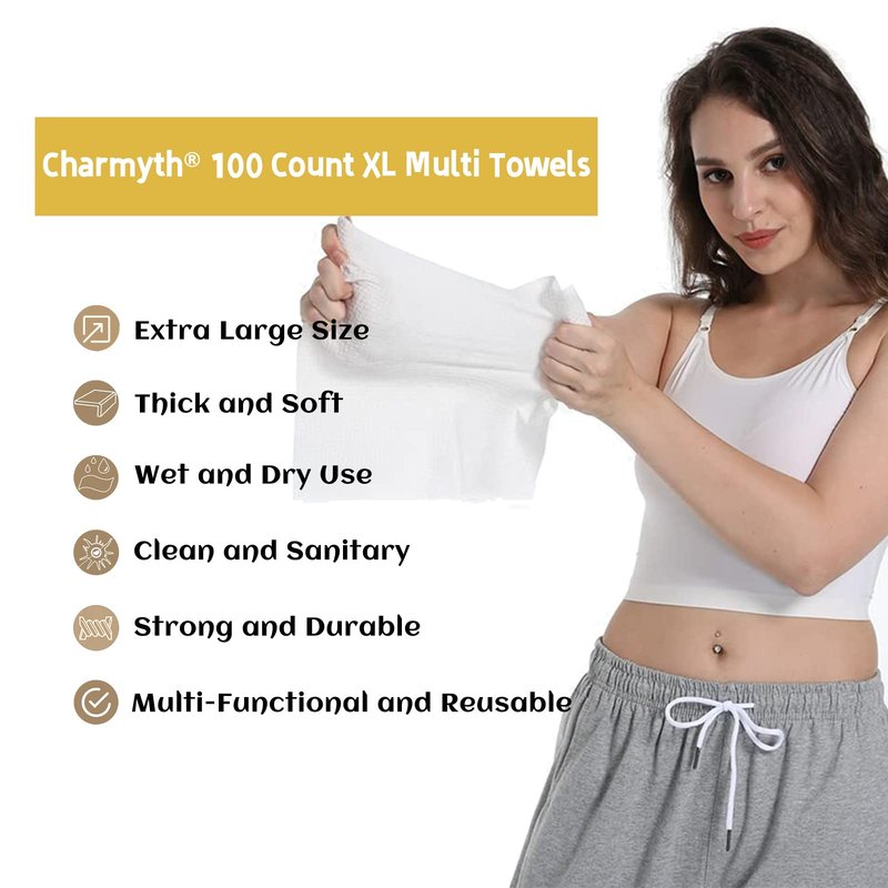 Charmyth Disposable Face Towels XL 100 Count - Extra Thick Soft Makeup Remover Wipes for Sensitive Skin Degradable Facial Cleansing Towels