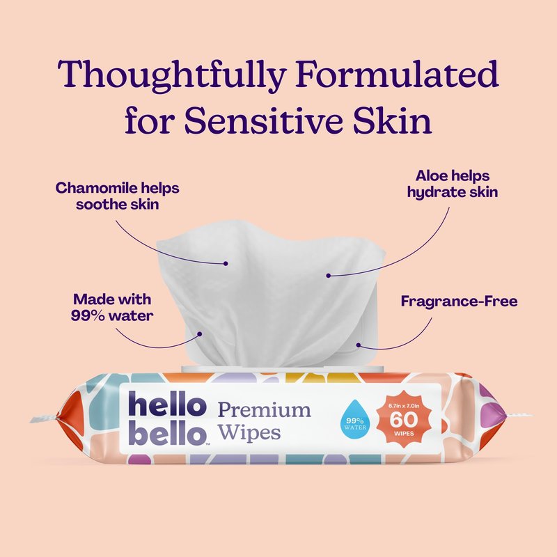 Hello Bello Premium Wipes, Designed for Sensitive Skin with Chamomile & Aloe Extracts, Flower Pop (12 Resealable Packets = 720 Total Wipes)
