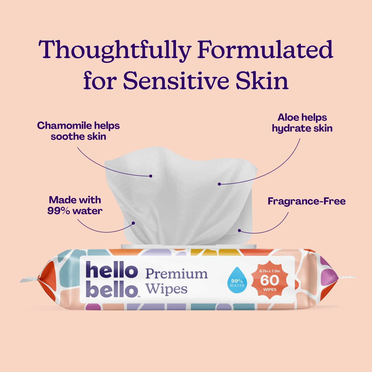 Hello Bello Premium Wipes, Designed for Sensitive Skin with Chamomile & Aloe Extracts, Flower Pop (12 Resealable Packets = 720 Total Wipes)