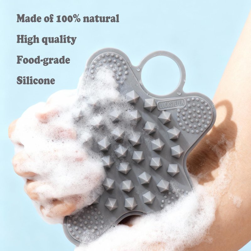 LUCKSTELLA Food-Grade Silicone Body Scrubber, 2 in 1 Silicone Body Brush for Shower, Gentle Exfoliating and Lather Well, Gentle Scrubber for Sensitive Skin, Easy-to-Clean(Grey,1-Pack)