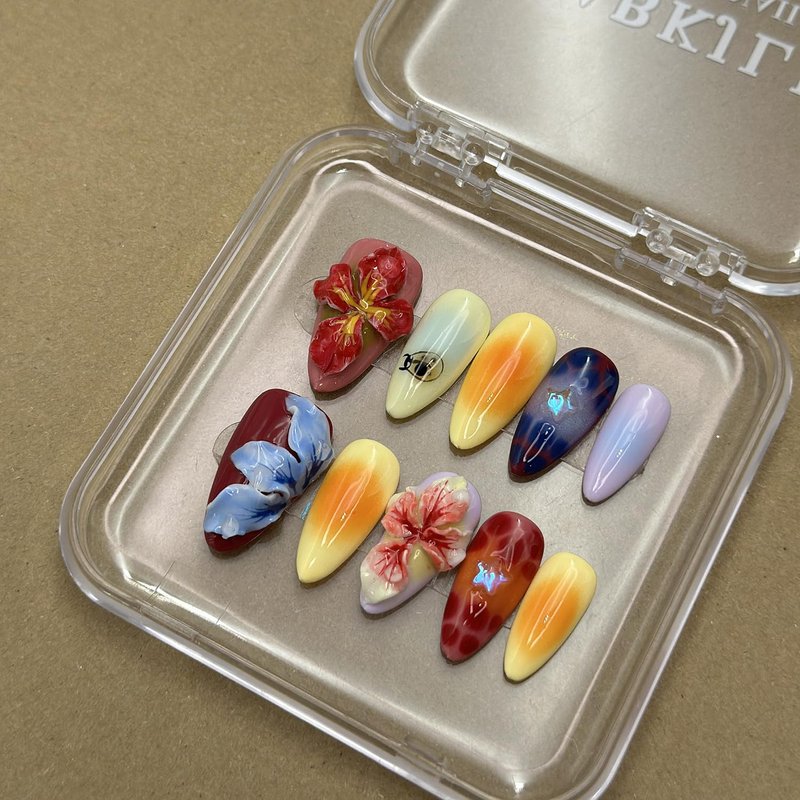 Luxury Press on Nails Medium Almond Handmade 3D Unique Reusable ABS Material Fake Nails Tropical False Nails with Designs Flower Ladybug Stars Art Petal Glossy Glue on Nails Thick Acrylic Nails(S)