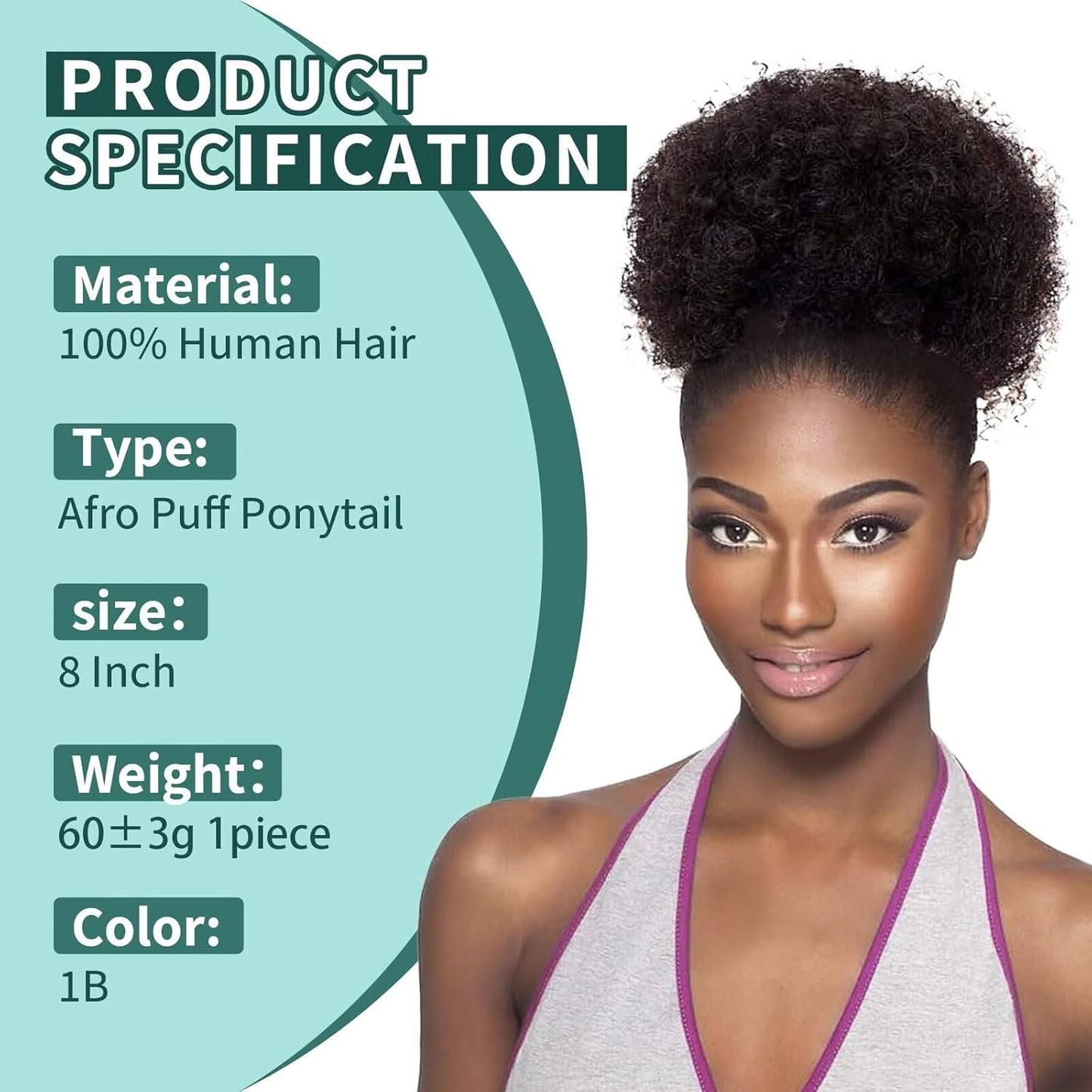 Afro Puff Clip-On Ponytail Extension - 8 Inch Natural Black Human Hair | Kinky Curly Bun for Black Women