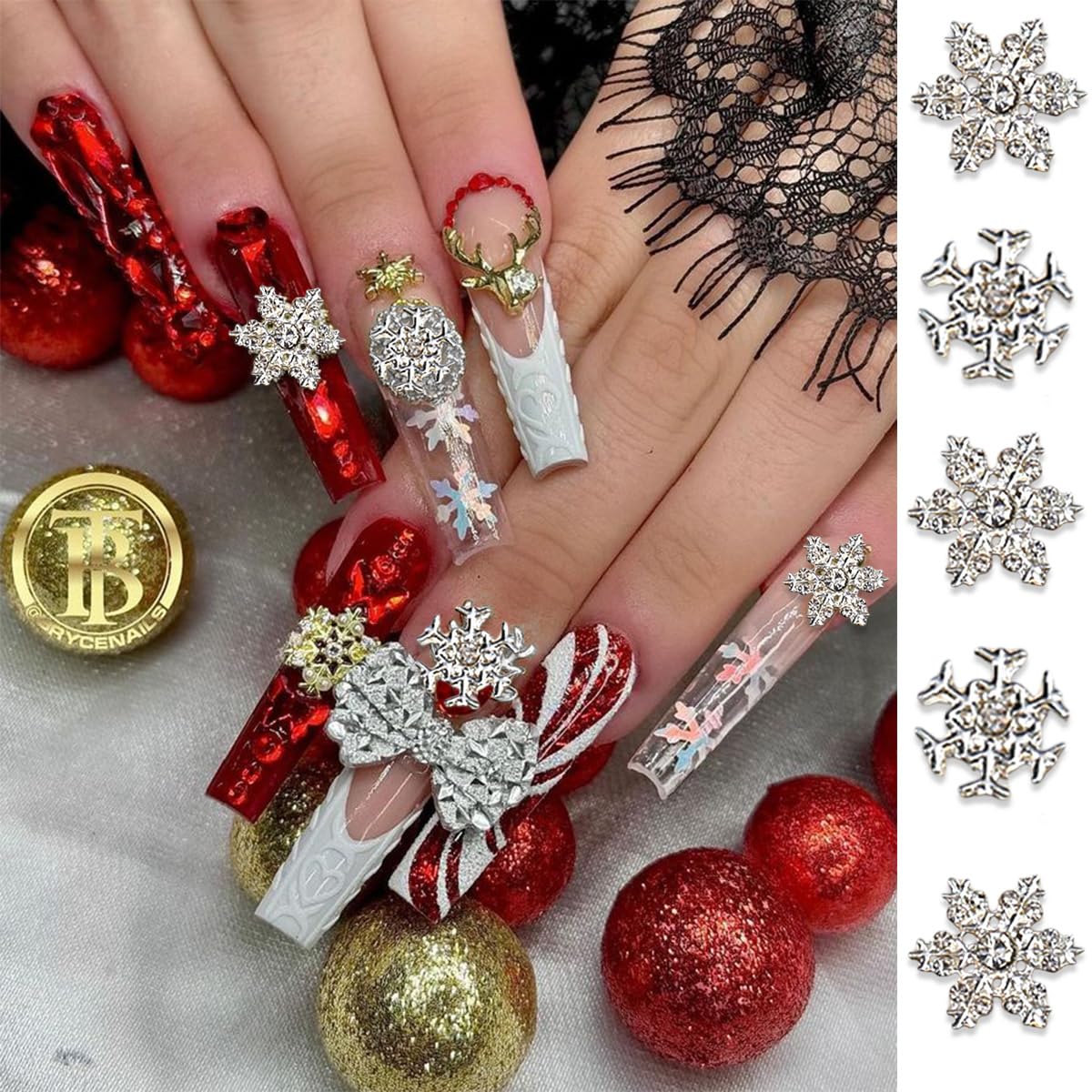 Christmas Nail Charms - 20Pcs Silver Snowflake Rhinestones | 3D Luxury Bling Gems for Winter Nail Art