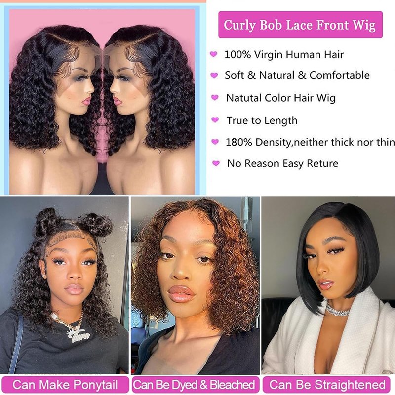 Tascal Bob Wig Human Hair 13x6 Deep Curly Lace Front Wigs Human Hair 180% Density Short Bob Wig Pre Plucked with Baby Hair Glueless Curly Wigs for Black Women(12 Inch)