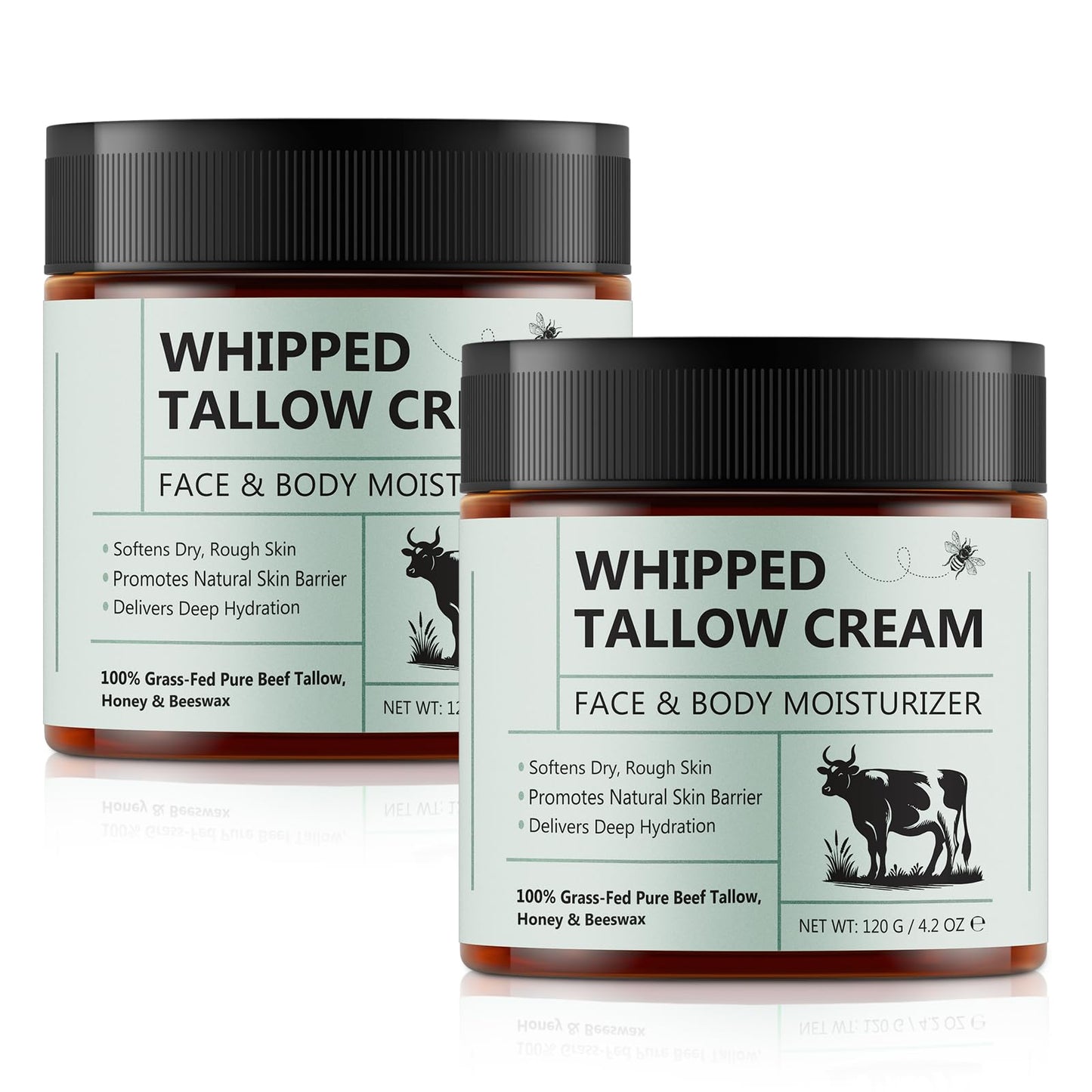 2 Pack Beef Tallow for Skin, Tallow and Honey Balm, All Natural Moisturizer Hydrates and Nourishes the Skin, Deeply Moisturizing for Face & Body, Organic Grass Fed Whipped Beef Tallow & Honey Beeswax