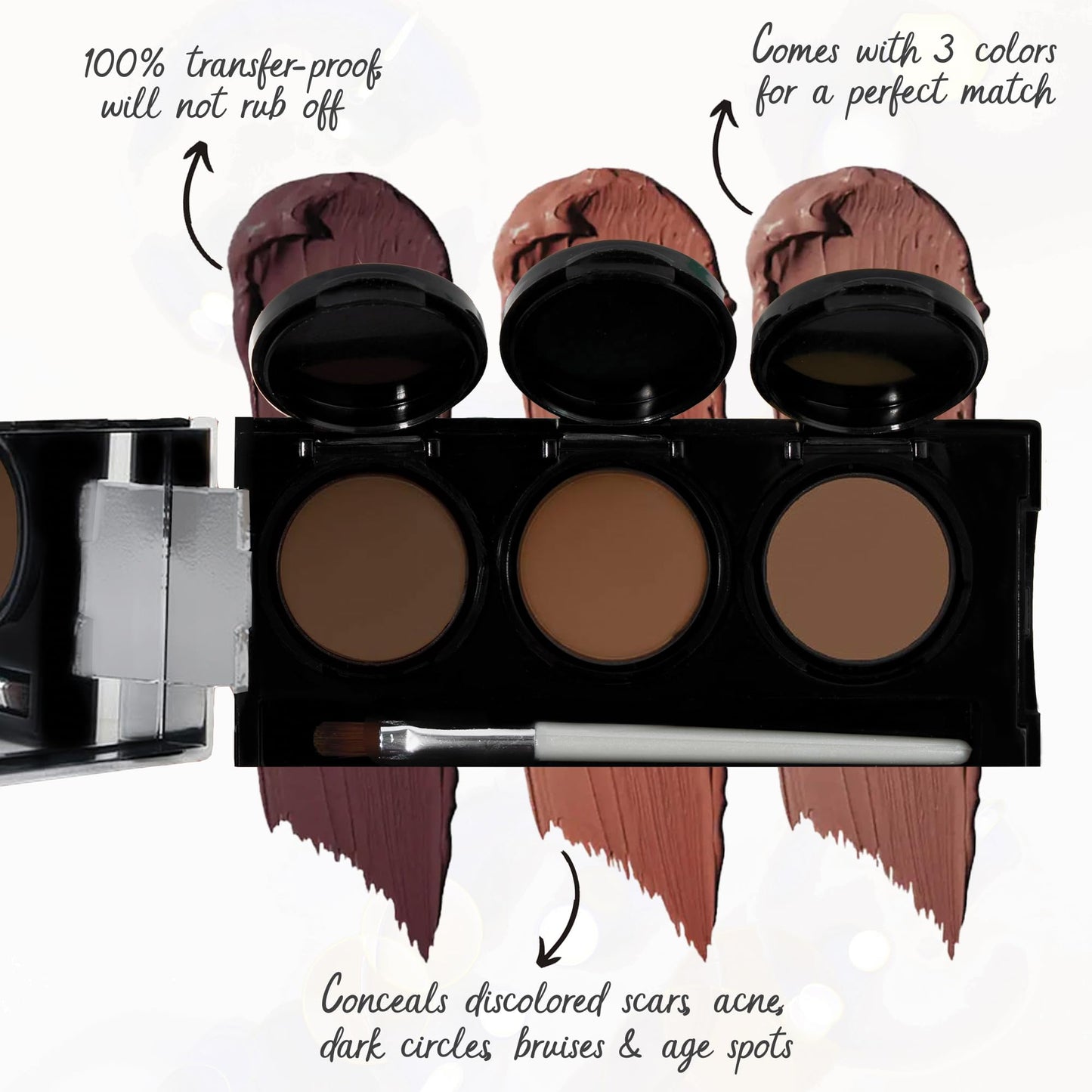 Full Coverage Concealer Palette, Waterproof Concealer Cream, 3 Colors + Brush, by Dermaflage