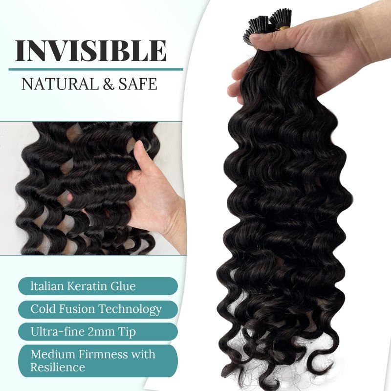 Curly I Tip Hair Extensions Human Hair for Black Women Invisible I Tip Human Hair Extensions Stick Tip Fusion Extension Brazilian Deep Wave Real Human Hair 50g 16 Inch