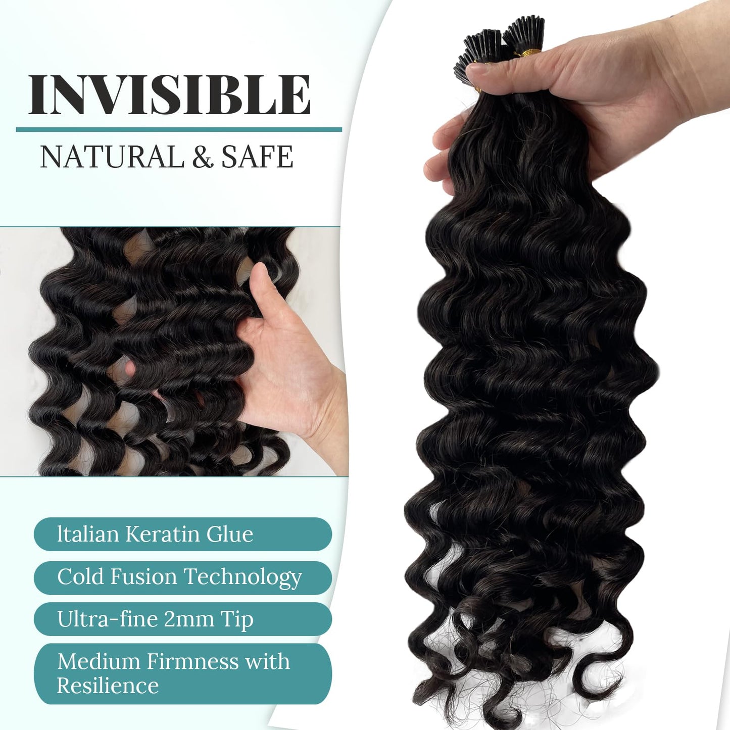 Curly I Tip Hair Extensions Human Hair for Black Women Invisible I Tip Human Hair Extensions Stick Tip Fusion Extension Brazilian Deep Wave Real Human Hair 50g 16 Inch